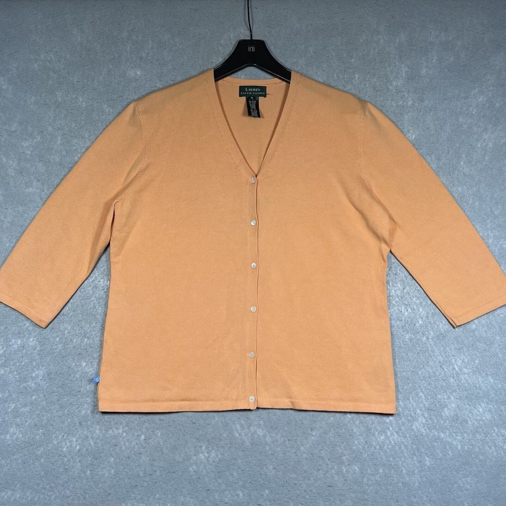 Lauren Ralph Lauren Cardigan Womens XL Peach Orange 3/4 Sleeve Knit Sweater